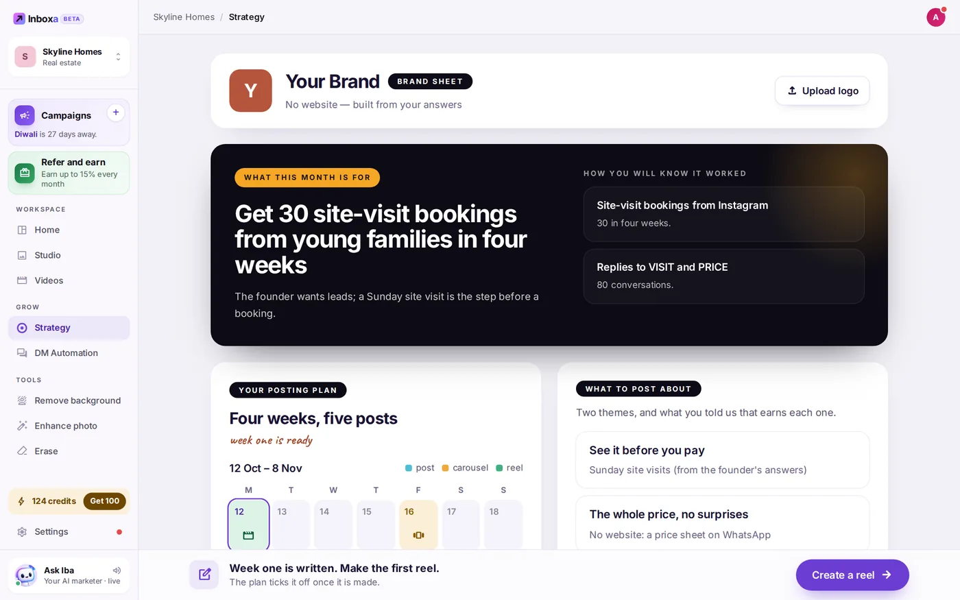 The Strategy page with this month's goal, how to measure it, a four-week posting plan and the themes to post about