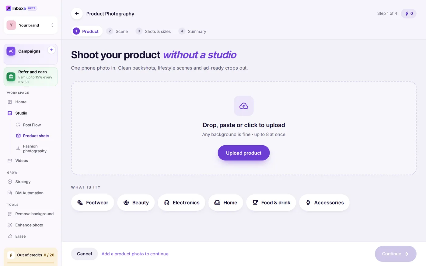 Product Photography, step 1 of 4: drop a product photo and pick what the product is