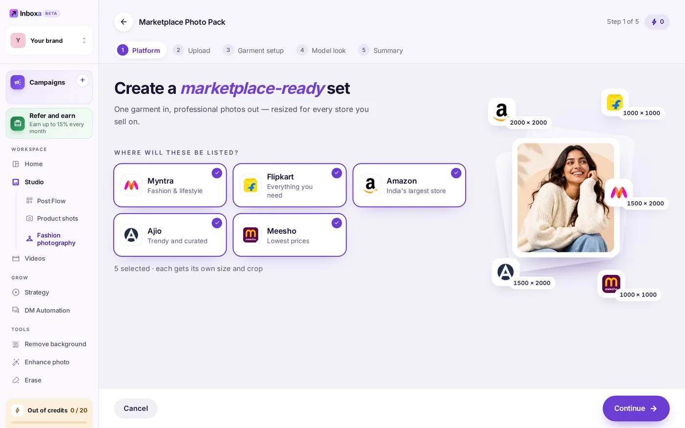 The Marketplace Photo Pack with Myntra, Flipkart, Amazon, Ajio and Meesho selected, each with its listing size
