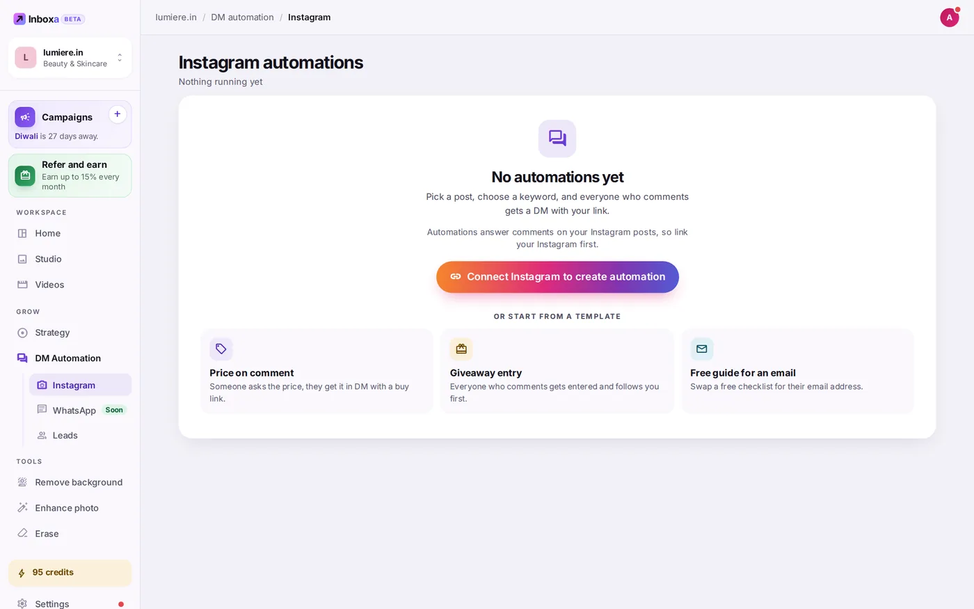 Instagram automations, with a button to connect Instagram and templates for price on comment, a giveaway entry and a free guide