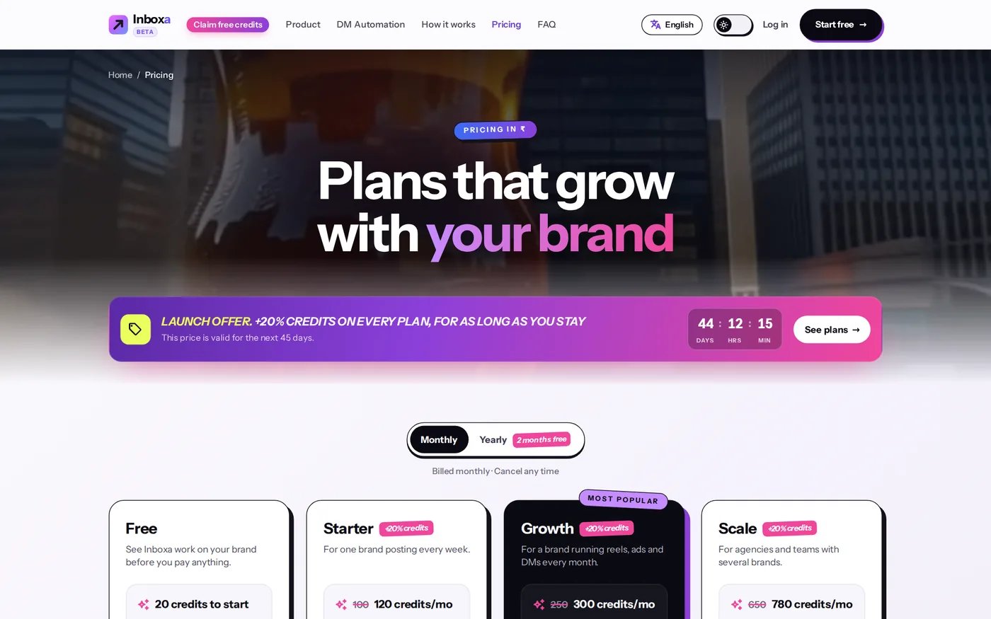 The pricing page with a monthly and yearly switch and the Free, Starter, Growth and Scale plans