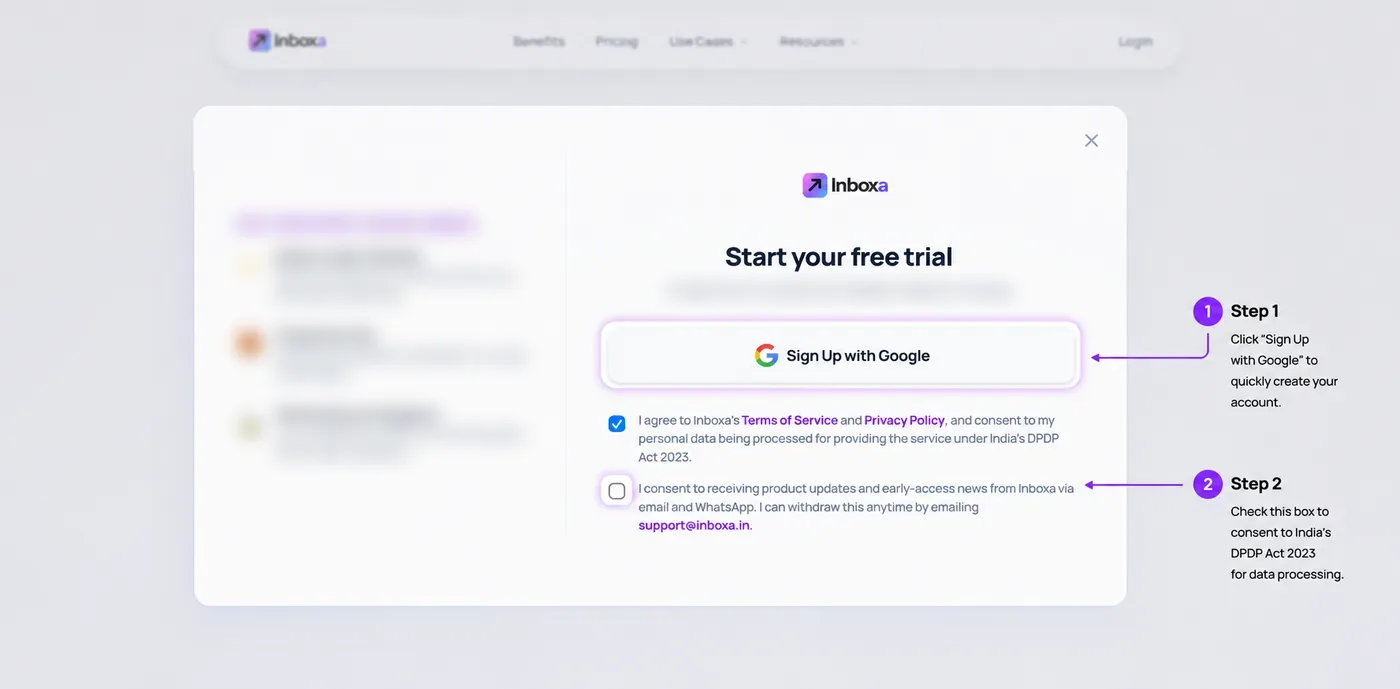 The sign-up window with a Sign Up with Google button, a ticked box agreeing to the terms under India's DPDP Act 2023, and an unticked box for product updates