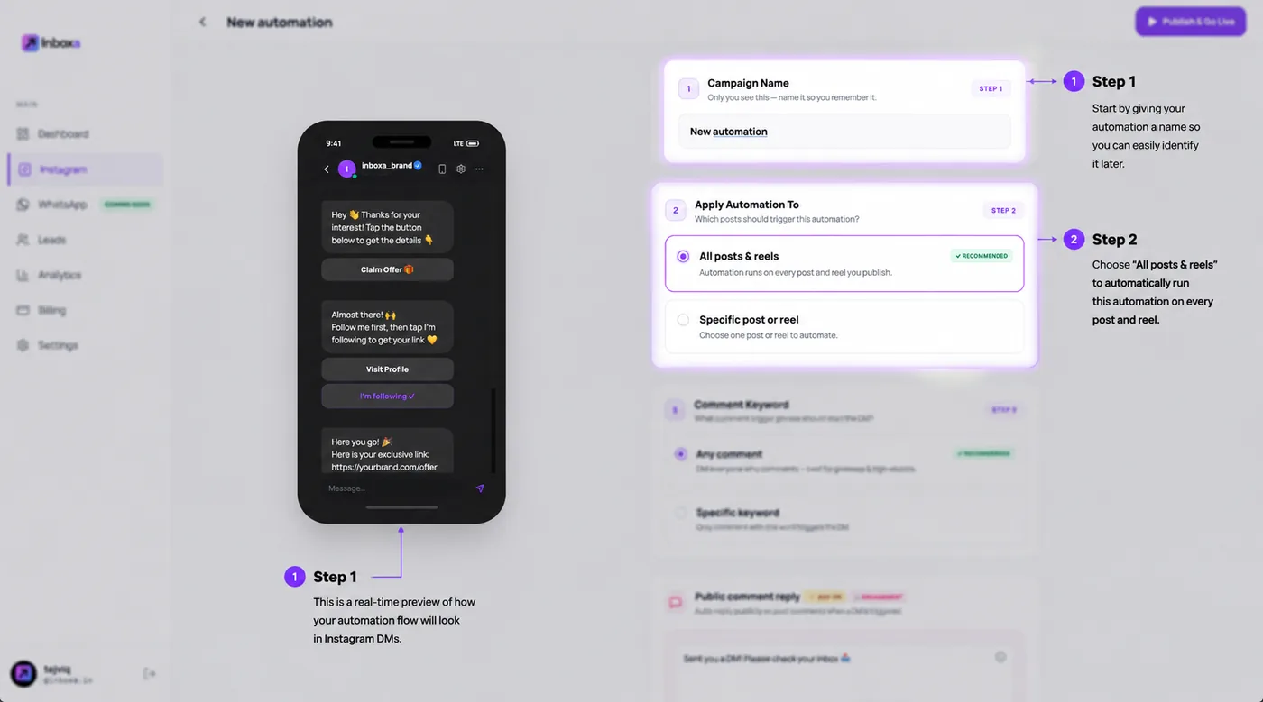The new automation builder with the campaign name field, the All posts and reels option selected, and a live phone preview of the DM flow on the left