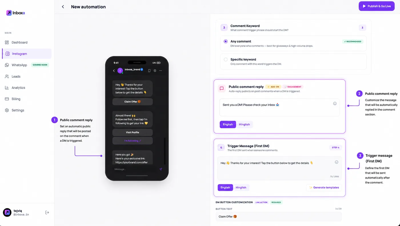 The builder showing the Comment Keyword choice, the Public comment reply box with Sent you a DM, please check your inbox, and the Trigger Message box for the first DM