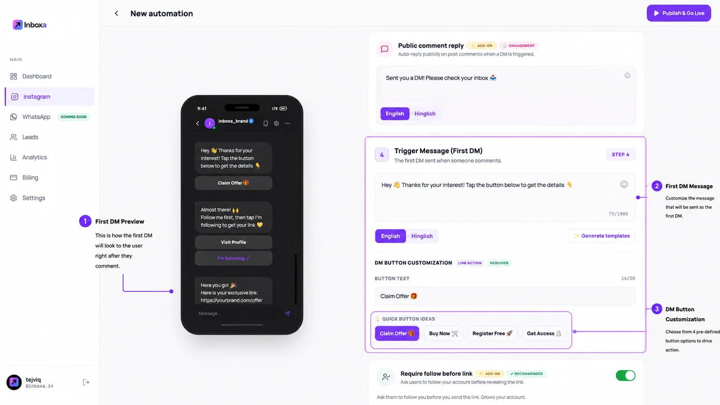 The first DM message, the DM button customization with Claim Offer, Buy Now, Register Free and Get Access as quick ideas, and the Require follow before link switch turned on